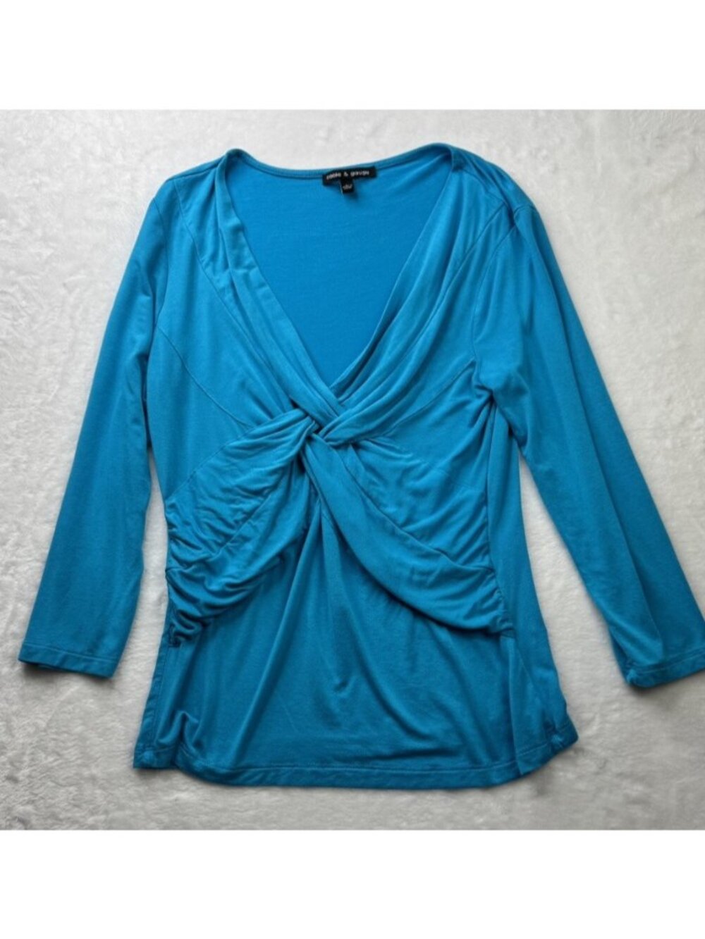 Cable & Gauge Size L Womens Top Blue Long Sleeve Wrap Front V Neck